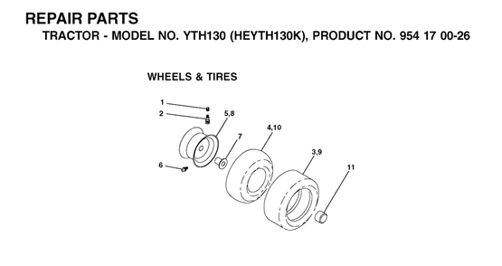 Wheels And Tires Diagram and Parts List for YTH130 (954170026-K)(2001-01) Husqvarna Lawn Tractor