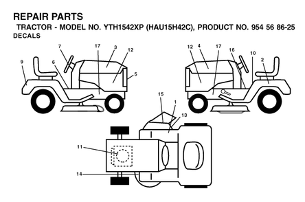 Decals Diagram and Parts List for YTH1542XP (954568625-C)(2003-01) Husqvarna Lawn Tractor
