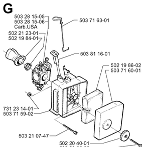 Carburetor And Air Filter Diagram and Parts List for 225BV 19963100001-19970500000 Husqvarna Leaf Blower / Vacuum