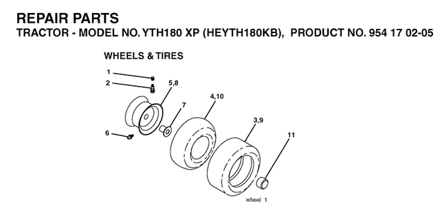 Wheels And Tires Diagram and Parts List for YTH180XP (HEYTH180KB)(2004-01) Husqvarna Lawn Tractor
