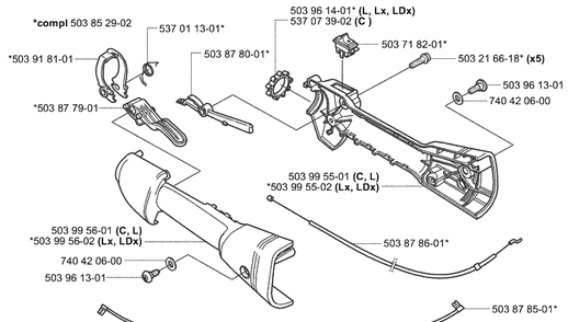 Throttle Assembly Diagram and Parts List for 323L 2004-03 Husqvarna Brush Cutter