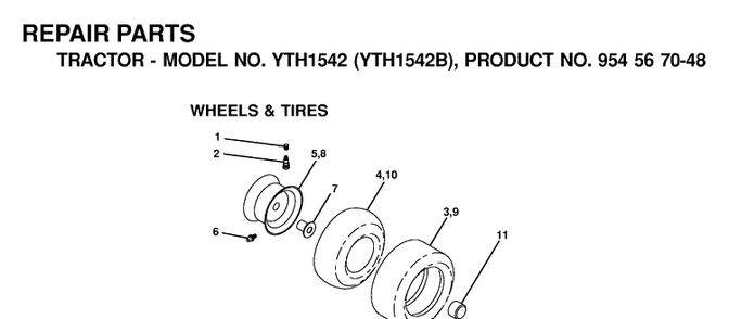 Wheels And Tires Diagram and Parts List for YTH1542 (954567048)(2001-01) Husqvarna Lawn Tractor