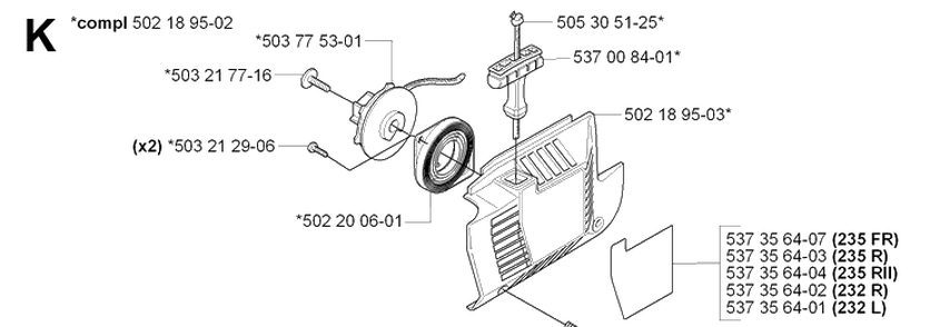 Starter Diagram and Parts List for 232L 20070100001-Current Husqvarna Edger