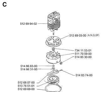 Motor Diagram and Parts List for 19900100001-19911800000  Husqvarna Trimmer