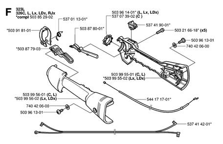 Handle And Controls Diagram and Parts List for 326L 20061400001 & Above Husqvarna Trimmer