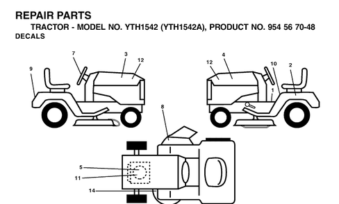 Decals Diagram and Parts List for YTH1542 (954567048)(2000-11) Husqvarna Lawn Tractor