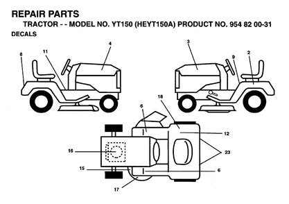 Decals Diagram and Parts List for YT150 (954820031-A)(1996-01) Husqvarna Lawn Tractor