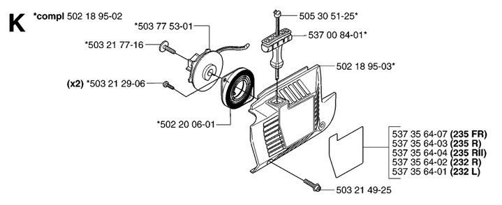 Starter Diagram and Parts List for 232R 20144900001 & Above Husqvarna Trimmer
