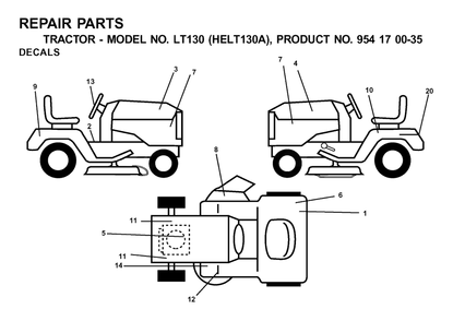 Decals Diagram and Parts List for LT130 (954170035-A)(2001-01) Husqvarna Lawn Tractor