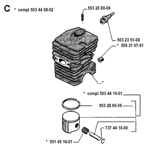 Cylinder Piston Diagram and Parts List for 45 19902200001-19912200000 Husqvarna Chainsaw