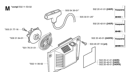 Starter Diagram and Parts List for 245R 20023100001-Current Husqvarna Brush Cutter