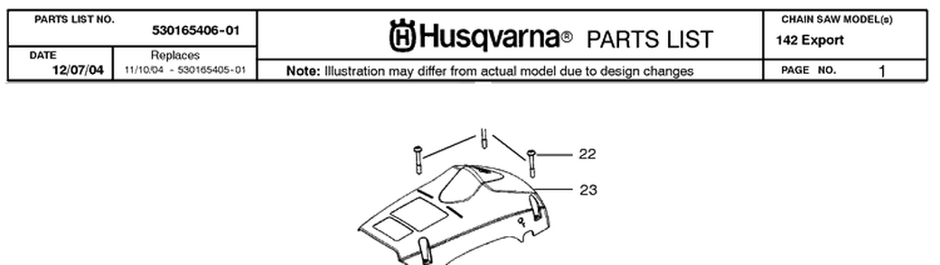 Cover Diagram and Parts List for 142 20050100001-20064900000 Husqvarna Chainsaw