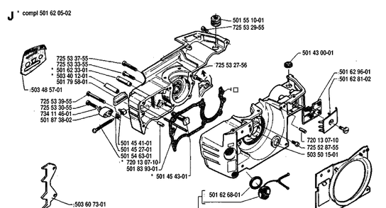 Crankcase Diagram and Parts List for 42 19920900001-19941400000 Husqvarna Chainsaw