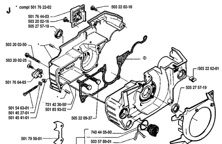 Crankcase Diagram and Parts List for 55 19914000001-19942300000 Husqvarna Chainsaw
