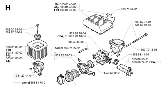 Carburetor And Air Filter Diagram and Parts List for 372XP/ (XPG)(20051800001-20070100000) Husqvarna Chainsaw