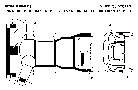 Decals Diagram and Parts List for 524S (96193000100)(2006-06) Husqvarna Snow Blower