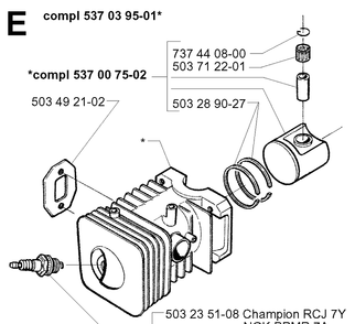 Cylinder Piston Diagram and Parts List for 225B 20012200001-Current Husqvarna Leaf Blower / Vacuum