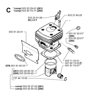 Cylinder Piston Diagram and Parts List for 281 20000600001-20014000000 Husqvarna Chainsaw