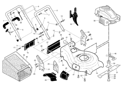 Frame And Engine Diagram and Parts List for 6021F  Husqvarna Lawn Mower