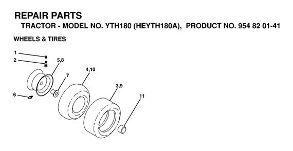 Wheels And Tires Diagram and Parts List for YTH180 (954820141-A)(1998-12) Husqvarna Lawn Tractor