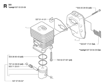 Cylinder, Piston And Muffler Diagram and Parts List for 326L 20061400001 & Above Husqvarna Trimmer