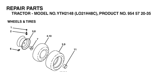 Wheels And Tires Diagram and Parts List for YTH2148-LO21H48C 2004-03 Husqvarna Lawn Tractor