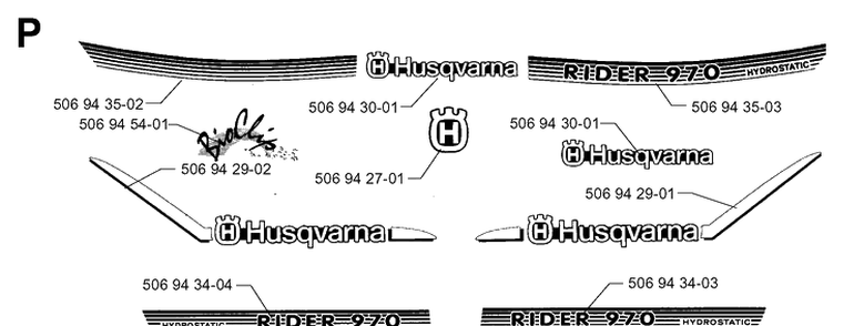 Decals Diagram and Parts List for RIDER970HST 1998-03 Husqvarna Lawn Mower