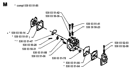Carburetor Details Diagram and Parts List for 23LC 19931800001 & Above Husqvarna Trimmer