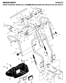 Handle And Controls Diagram and Parts List for 1130SBEOV (961930021)(2006-09) Husqvarna Snow Blower