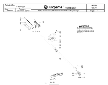 Shaft And Handle Diagram and Parts List for 125LDX 20082200001-Current Husqvarna Edger