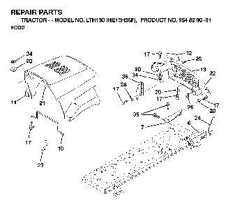 Hood Diagram and Parts List for LTH130 (HE13H36F, 954820001)(1998-12) Husqvarna Lawn Tractor