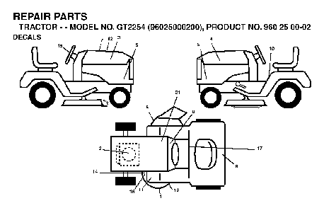 Decals Diagram and Parts List for GT2254 (96025000200)(2005-05) Husqvarna Lawn Tractor