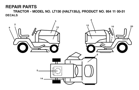 Decals Diagram and Parts List for LT130 (954110031-J)(2003-01) Husqvarna Lawn Tractor