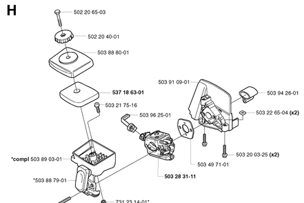 Carburetor And Air Filter Diagram and Parts List for 325RDX 20020100001-20051800000 Husqvarna Brush Cutter