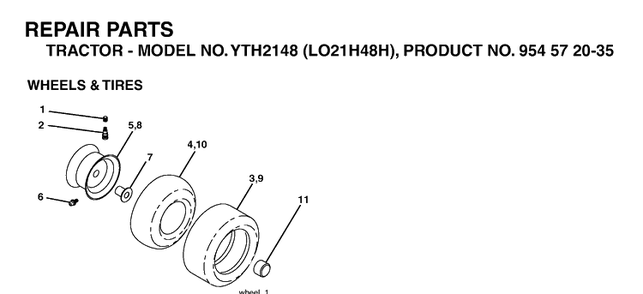 Wheels And Tires Diagram and Parts List for YTH2148-LO21H48H 2004-04 Husqvarna Lawn Tractor