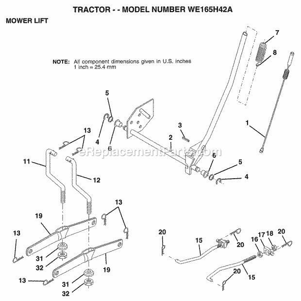 Mower Lift Diagram and Parts List for WE165H42A 1998 Husqvarna Lawn Tractor