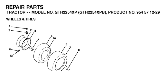 Wheels And Tires Diagram and Parts List for GTH2254XP-GTH2254XPB 2004-08 Husqvarna Lawn Tractor