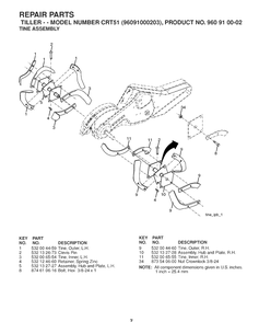Tine Assembly Diagram and Parts List for CRT51 (96091000203)(2007-02) Husqvarna Cultivator