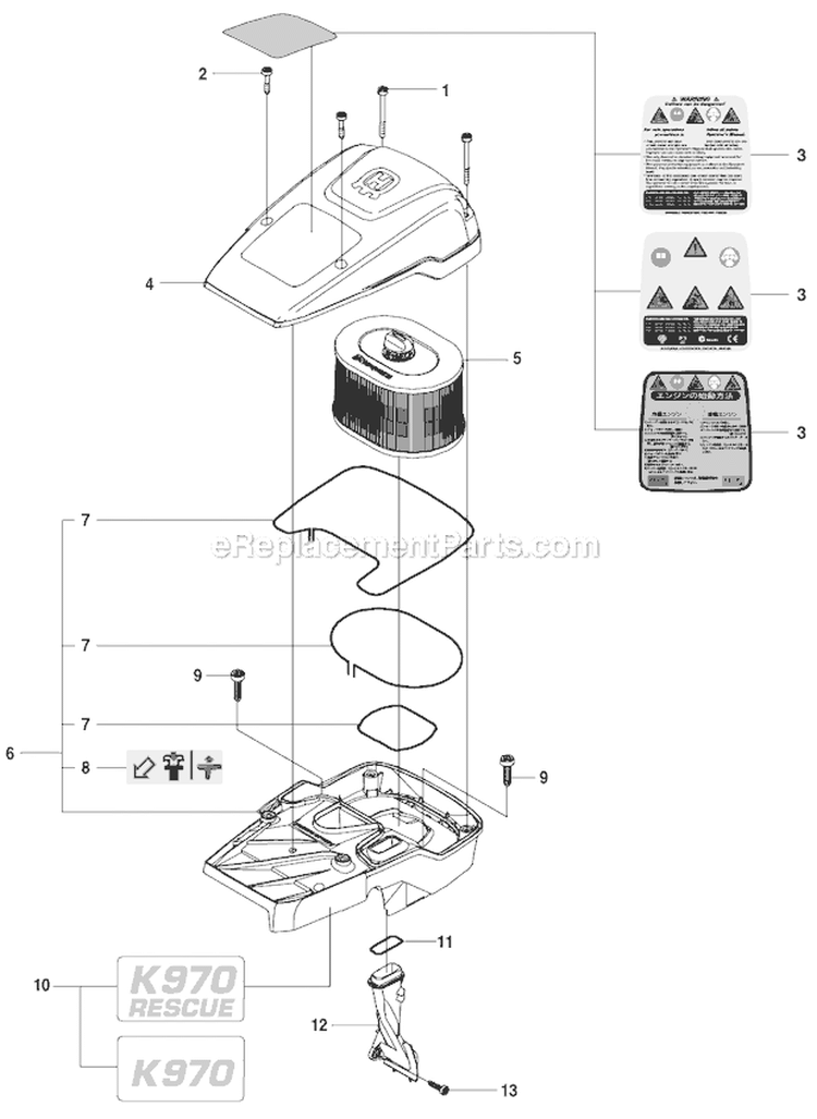 Page K Diagram and Parts List for K970  Husqvarna Concrete Saw