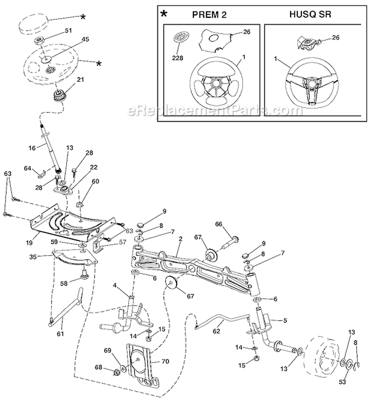 Steering Assembly Diagram and Parts List for LGT2554 96045001500 Husqvarna Lawn Tractor