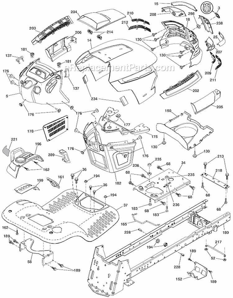 Chassis Diagram and Parts List for LGT2554 96045001501 Husqvarna Lawn Tractor