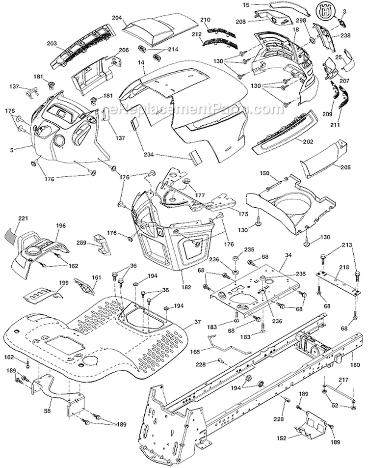 Chassis Diagram and Parts List for LGT2554 96045002800 Husqvarna Lawn Tractor