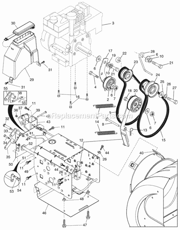 ChassisEnginePulleys Diagram and Parts List for P10530ESA 2002 Husqvarna Snow Blower