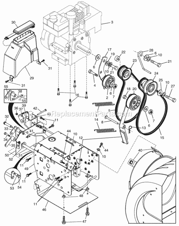 ChassisEnginePulleys Diagram and Parts List for P8527ESA 2002 Husqvarna Snow Blower