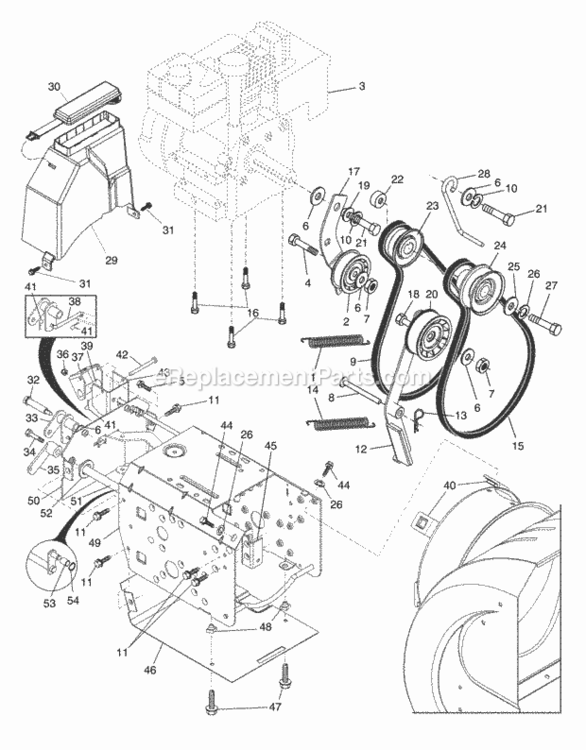 Chassis__Engine__Pulleys Diagram and Parts List for PP10527ESA 2003 Husqvarna Snow Blower