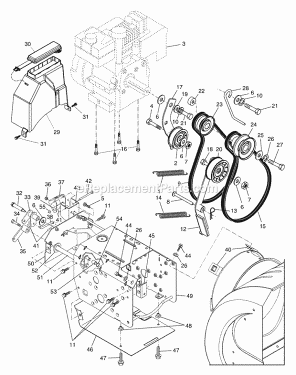 Chassis__Engine__Pulleys Diagram and Parts List for PP1130ESC 2004 Husqvarna Snow Blower
