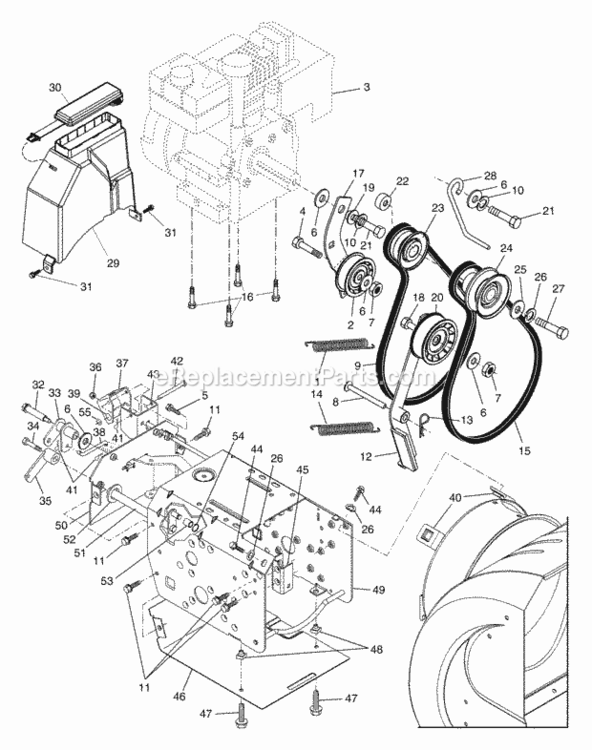 Chassis__Engine__Pulleys Diagram and Parts List for PP5524ESC 2004 Husqvarna Snow Blower