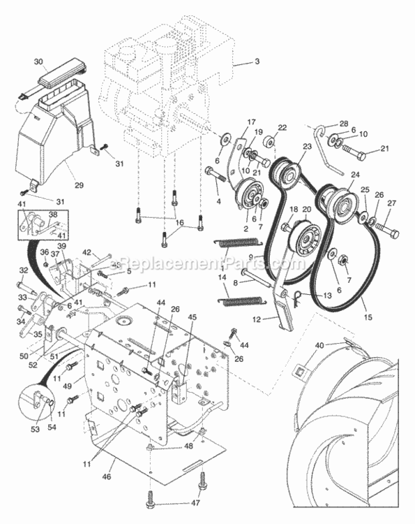 Chassis__Engine__Pulleys Diagram and Parts List for PP927ESB 2003 Husqvarna Snow Blower