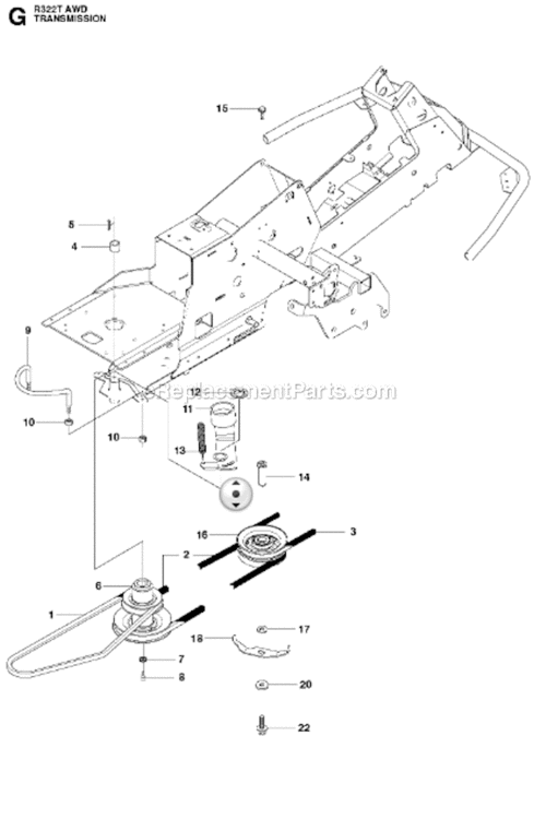 Chassis_Engine_And_Pulleys Diagram and Parts List for R322T 2012-03 Husqvarna Lawn Tractor