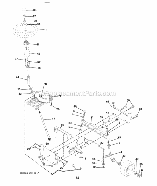 Steering Diagram and Parts List for RE12597RB 2012-01 Husqvarna Lawn Tractor